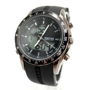 Kenneth Cole Reaction Mens 45mm AnaDigi Watch Black Alarm Chrono w New Battery